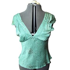 Y2K New York & Company Silk Top Teal Patterned Blouse Size Extra Small